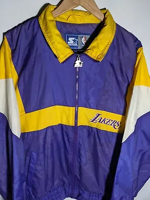 Vintage Los Angeles Lakers Starter Jacket Large L Purple Gold Nylon Vtg • $45