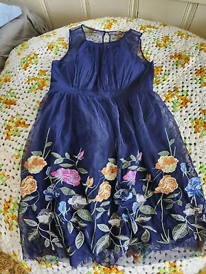 Geode ModCloth Womens Large Navy Dress Embroidered Fit Flare Sleeveless  • $25