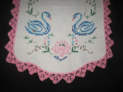 Vintage  Hand Embroidered Blue Swans Pink Flowers Dresser Scarf Crocheted Edge • $11.39