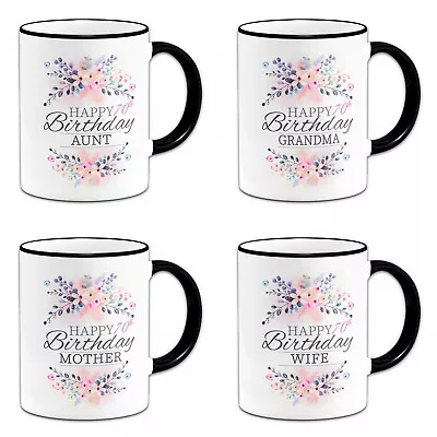 Floral Happy 70th Birthday (Relative)  ..Novelty Black Handle & Rim Gift Mug • £7.99