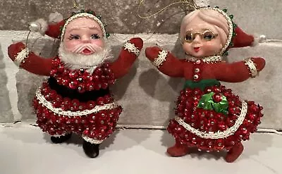 Vintage Sequined Flocked Beaded Mr & Mrs Santa Christmas Ornaments 3.5” • $25