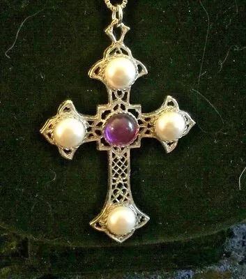 $15.99 • Buy SARAH COVENTRY  CRUSADER CROSS  Pendant Necklace Faux Pearl Purple Cabochon