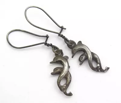 Vintage Dolphin Earrings Sterling Silver Oxidized Dangle Charm Ocean Beach Gift • $6.99