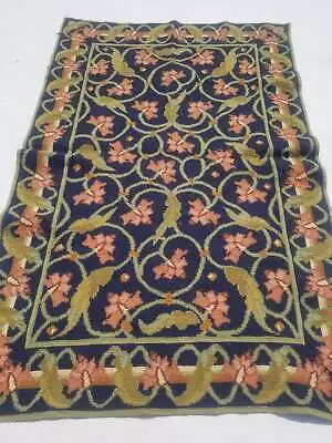 Vintage French Needle Point Handmade Floral Blue Wool Rug Carpet 162x108cm • £225