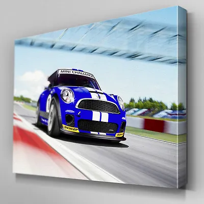 Cars384 Blue Mini Cooper Race Track Canvas Art Ready To Hang Picture Print • £8.99
