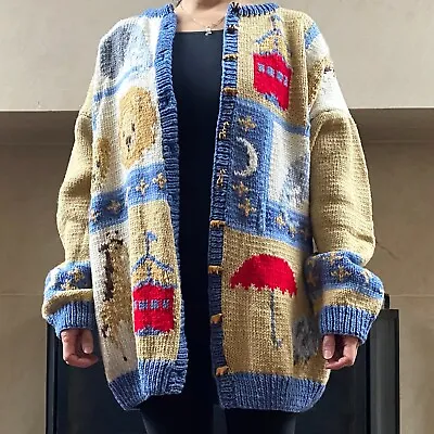 Vintage Chunky Cardigan Sweater Handmade XL Granny Core Noah's Ark Elephant Lion • $89.99