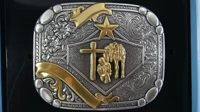 Nocona Silver & Gold Tone Praying Cowboy Ribbon Belt Buckle 37402 • $30