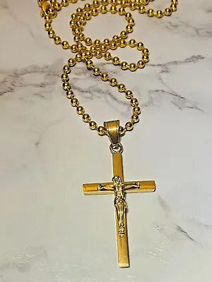 Religious Cross Jesus Crucifix Charm Pendant 14k Gold  Mens Ball Chain Necklace • $19.99