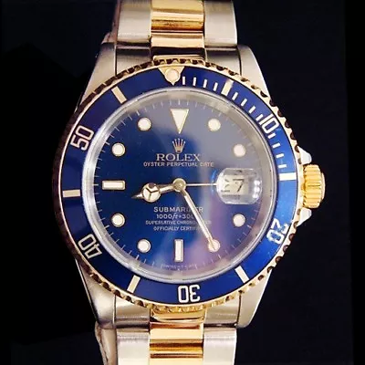 $21658.78 • Buy Mens Rolex Submariner Date 18k Yellow Gold & Steel Watch Blue Dial Bezel 16613