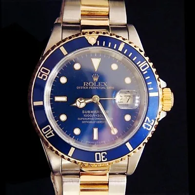 Mens Rolex Submariner Date 18k Yellow Gold & Steel Watch Blue Dial Bezel 16613 • $10999.98