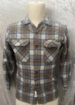 Vintage Pendleton Flannel Board Shirt Fitted Mens Medium Brown Blue Virgin Wool • $19.99