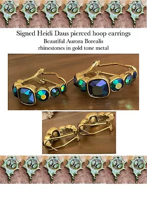 Vintage Signed Heidi Daus Rhinestone Pierced Hoop Earrings - Gold Tone Metal • $35