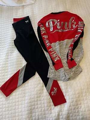 Pink Victorias Secret Bling Sequin Outfit Pant Yoga Red Black Silver XS Small • $105