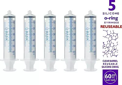 60cc | 60ml  BASIK Syringe Silicone O-ring 5/pak  Luer Lock Reuse Tube Hand Feed • $19.95