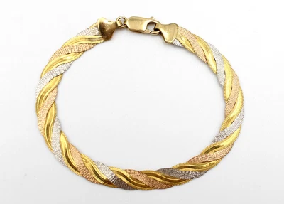 £97 • Buy IBB .375 9ct TRI TONE GOLD Twisted Herringbone Chain Bracelet Italian 7.02g -E05