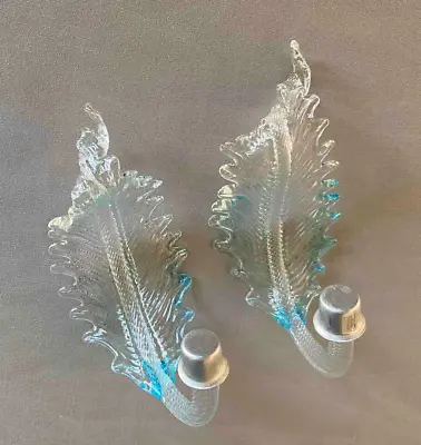 Pair Hand Blown Murano Italy Blue&Clear Glass Leaf Chandelier Part Vetri Venini • $85