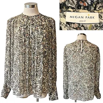 MEGAN PARK Chiffon Grey/Green/Pink Floral Pleat Detail Blouse 0/8Aust-UK/4US • $99
