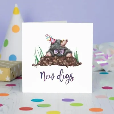 Funny Mole In Party Hat Digs New Home Card – Hand Painted And Printed In The UK • £2.99