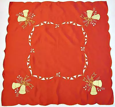 Vintage Christmas Bells Cut Application Embroidery Red Yellow 34  Tablecloth • $9.50