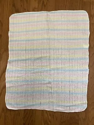 Vintage Baby Blanket Thermal Open Waffle Weave Acrylic Pastel Stripe 34” X 27” • $18.95