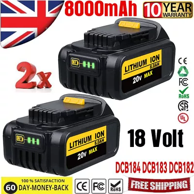 1/2Pack For Dewalt 18V Battery 8.0Ah 18 Volt DCB184 DCB183 DCB182 DCB180 DCF885 • £76.98