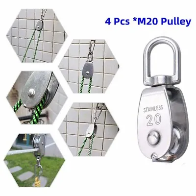 4X M20 Stainless Steel Heavy Duty Single Pulley Block Wheel Swivel Lifting Rope • £7.59