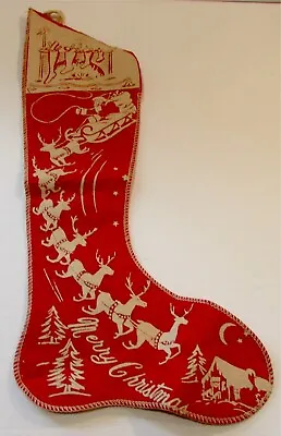 1940-60s Vintage Stenciled Red Felt Christmas Stocking Santa Sleigh Reindeer  • $35