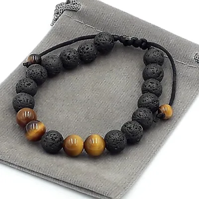 Natural Lava Stone & Tigers Eye Healing Crystal Gemstone Chakra Cord Bracelet • £5.49