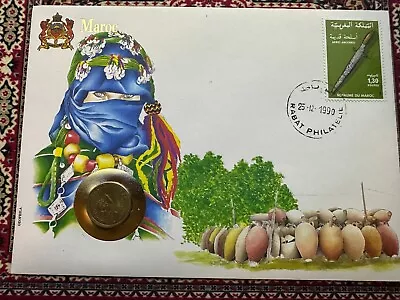 1974 Morocco 10 Santimat  BU Coin & Stamp Envelope RARE UN #XX117 • $20