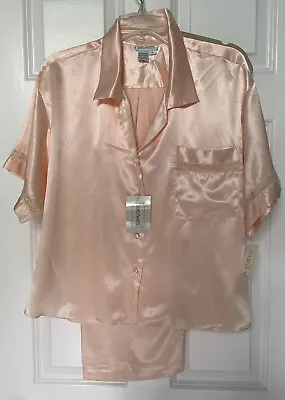 VTG Laura Adams Satin Pajama Set Lounge Womens Large Lace Inlay Peach Pink NWT • $32