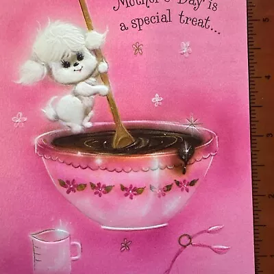 Vtg Mother’s Day Card Pink White Puppy Baking Stirring Mixing Bowl Chocolate • $4.99