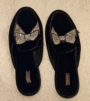 Victorias Secret  Velvet Black Silver Bow Squin Slip On Slippers Shoes Size 6/7 • £11