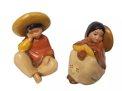 Vintage Mexican Girl & Boy Hand Painted Folk Art Resin Figurines - Pair Sitting • $69
