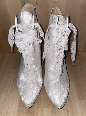 $65 • Buy Lace Granny Boots Size 8M Studio 6 Victorian Booties Wedding White BOHO