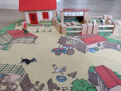 Vintage Wooden Farm Yard Set With Base Mat Buildings Enclosure & Farm Animals • £25