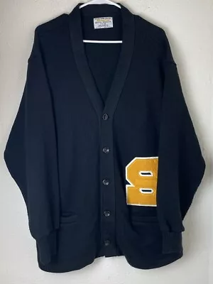 VINTAGE Letterman Sweater Unisex Black 90s Cardigan Varsity Size 46 • $49.99