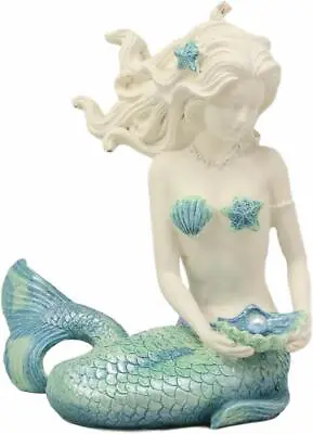 Nautical Aqua Capiz Blue Tailed Mermaid Ariel Holding Pearl In Clam Shell Statue • $25.99