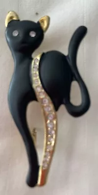 Vintage Black Cat Pin Brooch With Crystals Kitty Cat Modernist EUC • $12.90