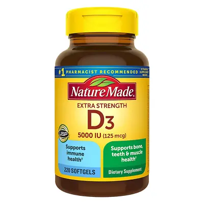 Nature Made Extra Strength Vitamin D3 5000 IU(125 Mcg) 220 Softgels:EXP: 2025 • $23.99