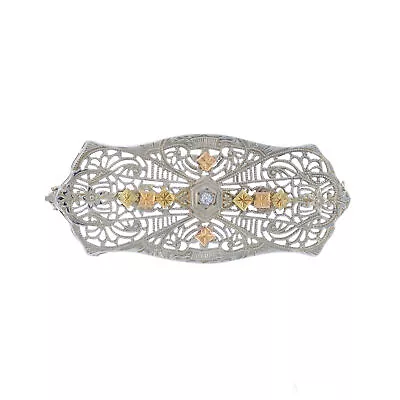 White Gold Diamond Art Deco Brooch - 10k Single Cut Vintage Floral Filigree Pin • $359.99