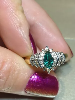 10k Gold- Size 7 Natural Diamond And Lab Created Emerald Ring  • $375