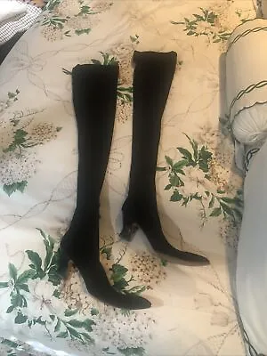 Anne Klein Couture Vintage 80s Black Lycra Thigh Hi Stocking Kitten Heel Boots 6 • $145