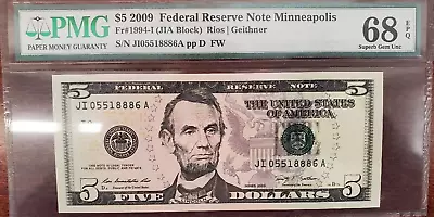 2009 $5 Federal Reserve Note (Minneapolis) Fr. 1994-I -PMG GEM 68 EPQ-Top Pop! • $135