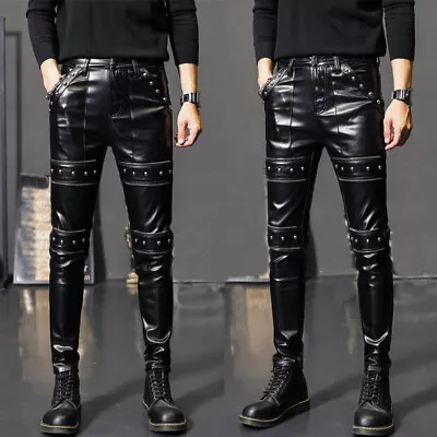 Motorcycle Punk Mens Faux Leather Slim Skinny Pants Rivets Biker Casual Trousers • $40.91