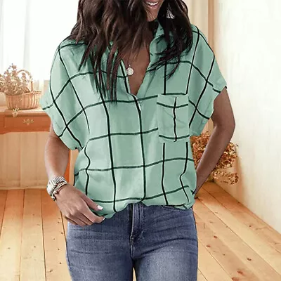 Womens Short Sleeve Check Shirts Ladies Summer Casual Plaid Blouse Tops Tee Size • £12.09