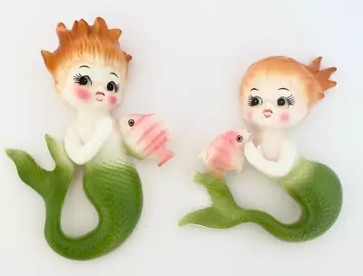 Norcrest Pair Of Redhead Mermaids With Angel Fish Vintage Ceramic Wall Plaques • $265
