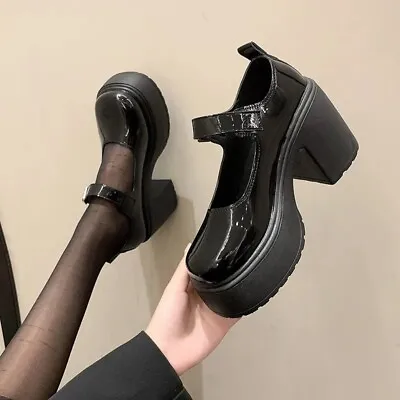 Womens Shoes Lolita Gothic Punk Heels Chunky Round Toe Buckle Mary Jane British • £24.12