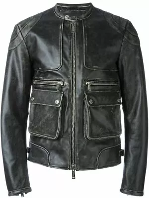 Men's Distressed Black Cafe Racer Retro Moto Biker Leather Jacket • $123.99