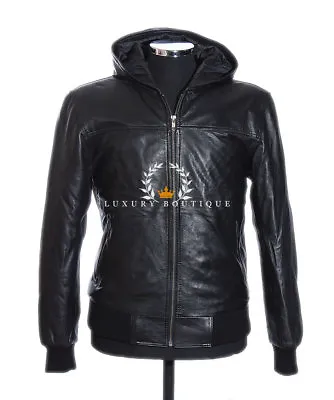 70's Black Hooded Men's New Classic Bomber Real Lambskin Leather Fashion Jacket • £87.99