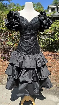 VTG 80’s Dress Prom Huge Ruffle Shoulders/Skirt Black Sequin Dropped Waist Mori • $80